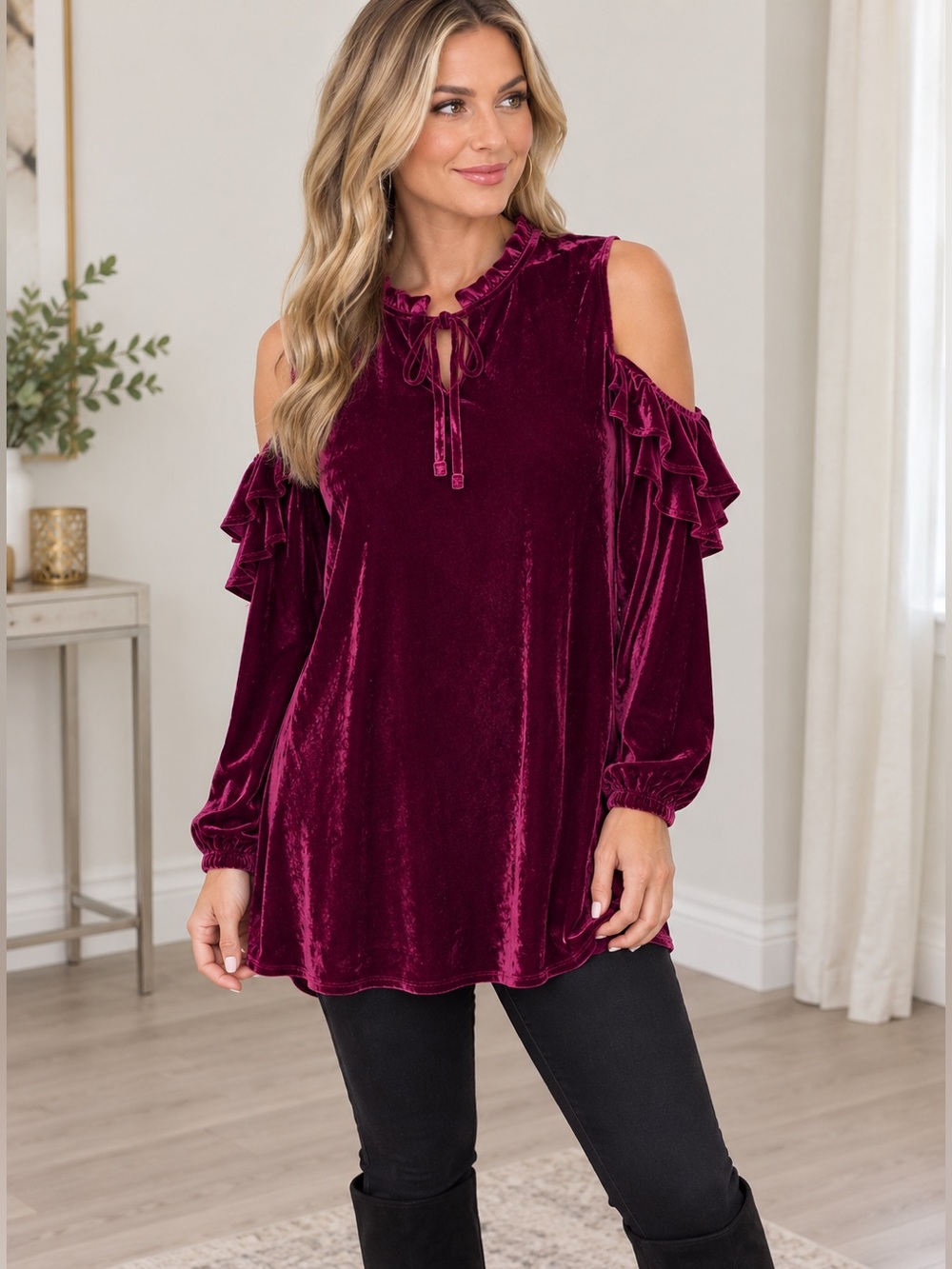 NY Velvet Cold-Shoulder Long-Sleeve Top in Deep Berry